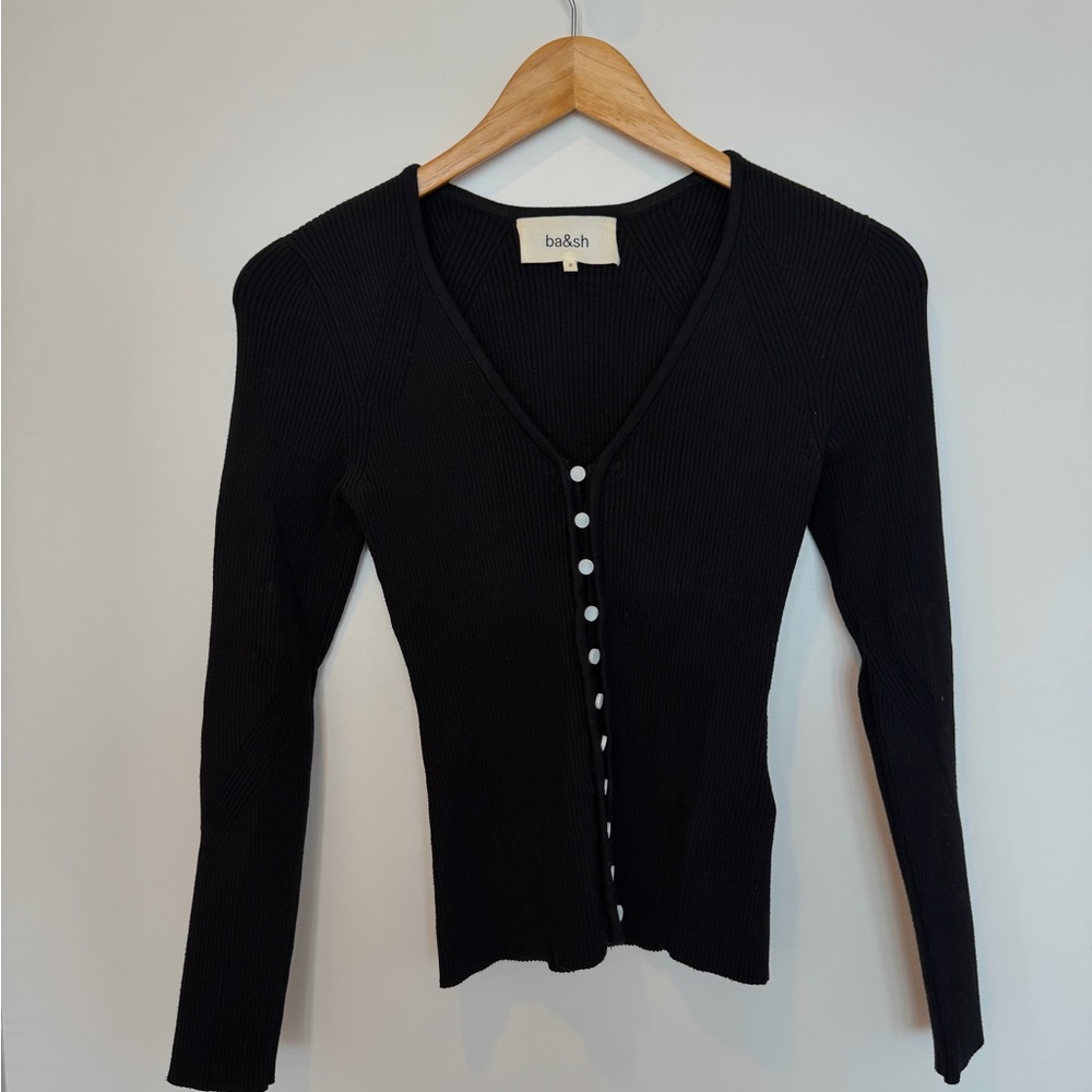ba&sh Black Ribbed V-Neck Button-Front Cardigan